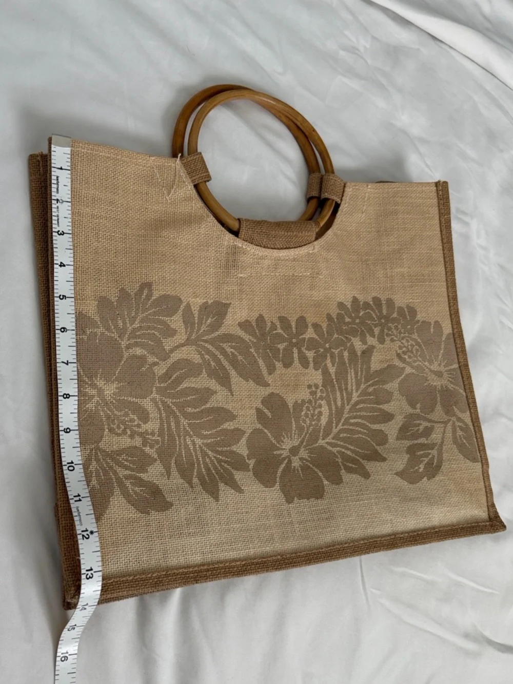 Bamboo-Handled Jute Tote with Floral Motif - Natural Tan